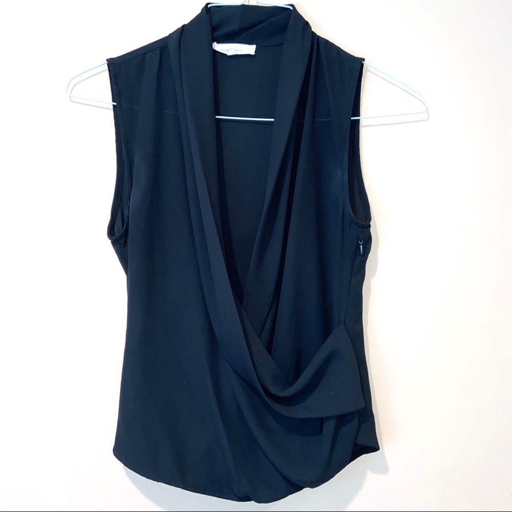 OLIVACEOUS Black Sleeveless Wrap Draped Blouse